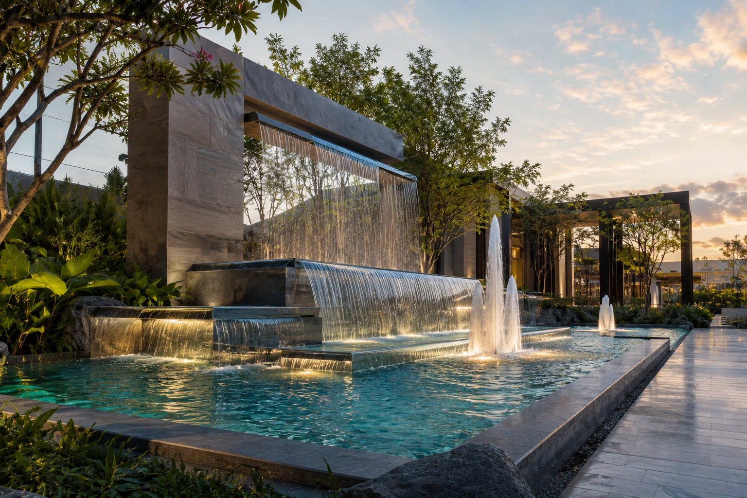 Render de fuente y cascadas arquitectónicas